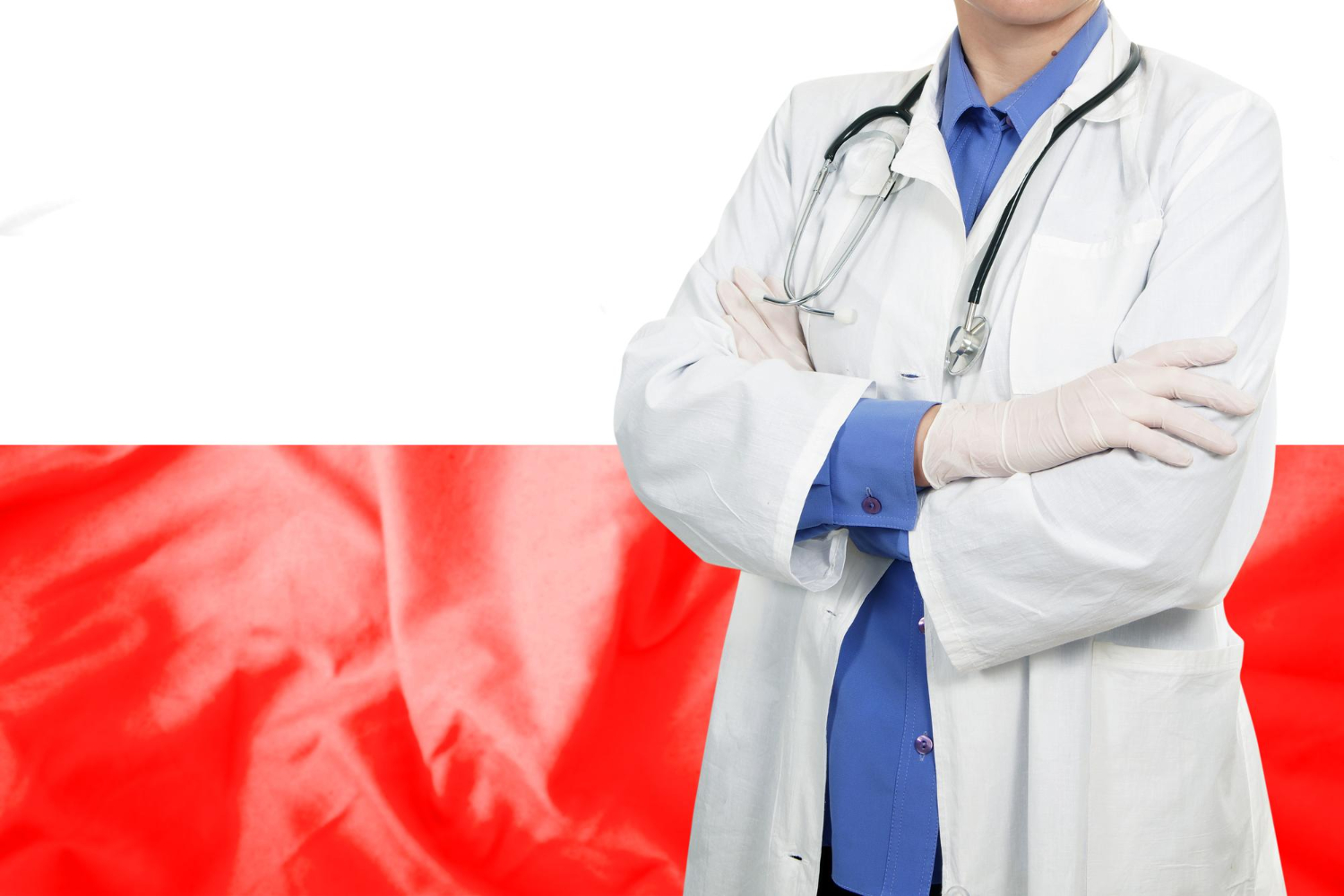 Médico frente a la bandera polaca, representando los estudios de medicina y la educación sanitaria en Polonia